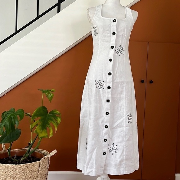 Madewell Linen Button Midi Embroidered Dress in Size 2 White Boho Square Neck - Picture 4 of 12
